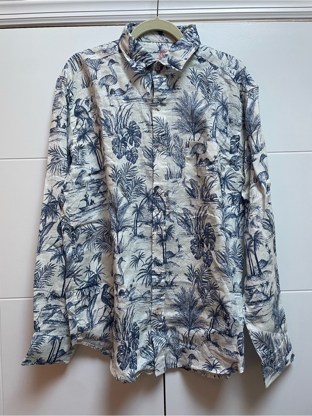 J.McLaughlin Men's Long Sleeve Linen Toile Print Shirt Navy on Cream XL NEW